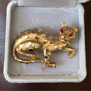 RARE Vintage Trifari Gold and Silver Cat Brooch with Ruby Red Eyes